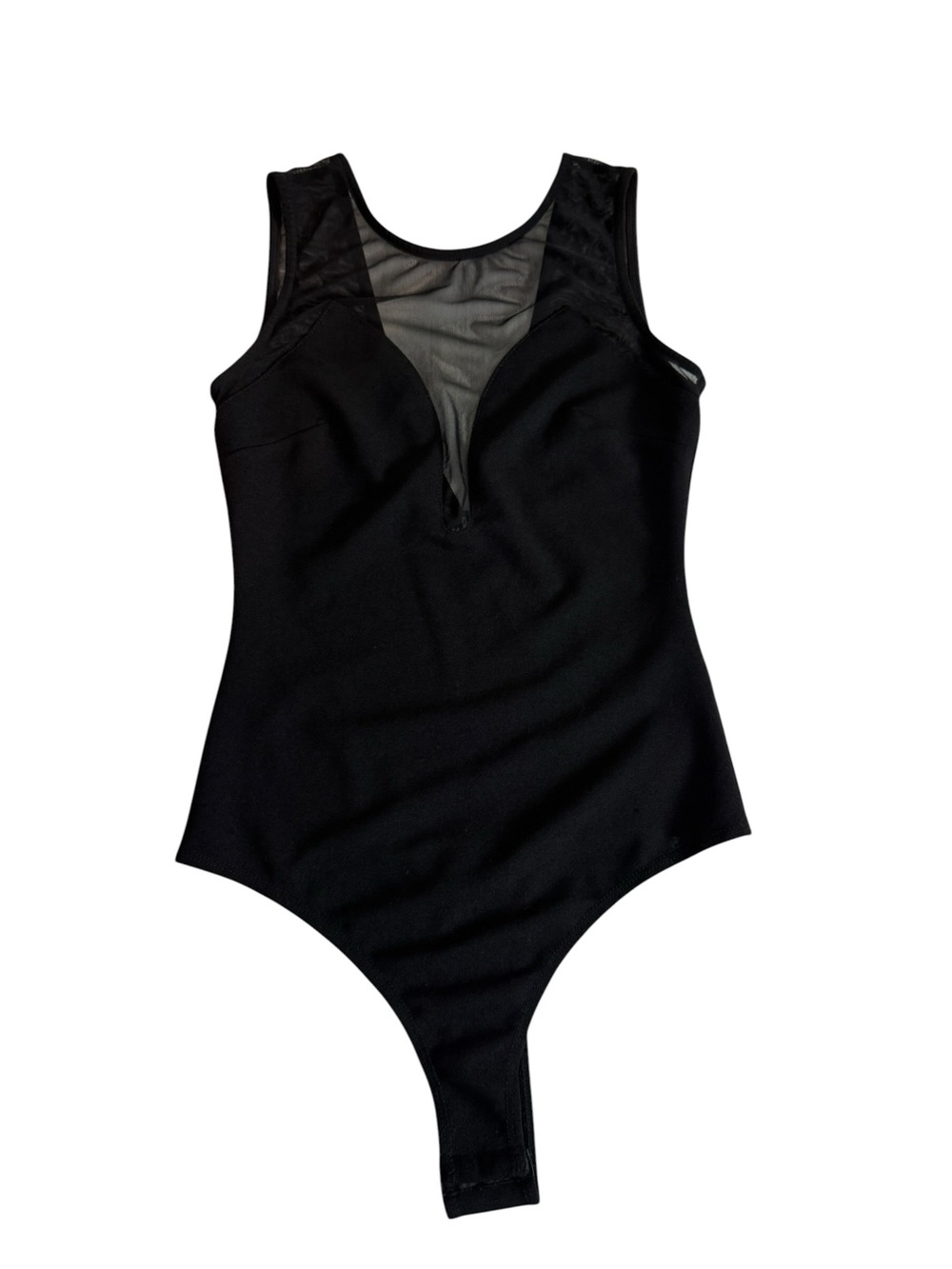 Lulus Black Sleeveless Black Panel Mesh Thong Bodysuit Size S